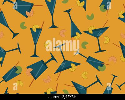 Cocktail con ombrelloni senza cuciture in stile art deco. Cocktail alcolici con ombrelloni su sfondo dorato. Progettazione di menu a barre, pubblicità Illustrazione Vettoriale