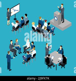 Insieme isometrico per la formazione aziendale con insegnanti e mobili per il pubblico e. computer su sfondo blu immagine vettoriale isolata Illustrazione Vettoriale