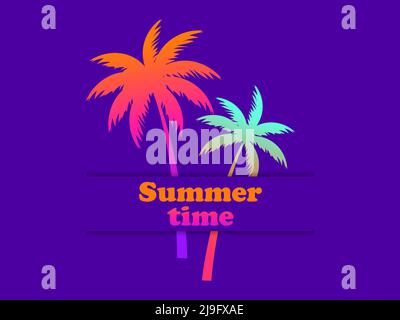 Ora legale. Silhouette di palme sfumate. Due palme in stile 80s su sfondo viola. Progettazione di brochure pubblicitarie, banner e viaggi Illustrazione Vettoriale