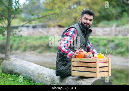 Uomo dai capelli scuri in camicia a quadri con scatola di verdure Foto Stock