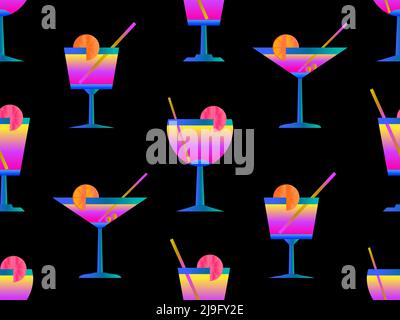 Cocktail con ombrelloni 80s stile senza cuciture. Cocktail alcolici con ombrelloni e fettine di lime. Design per menu bar, materiale pubblicitario e. Illustrazione Vettoriale