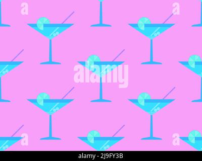 Cocktail con ombrelloni 80s stile senza cuciture. Cocktail alcolici con ombrelloni e fetta d'arancia. Design per menu bar, materiale pubblicitario A. Illustrazione Vettoriale