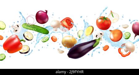Realistico acqua spruzzi verdure composizione orizzontale con immagini volanti di frutti interi e fette con gocce illustrazione vettoriale Illustrazione Vettoriale