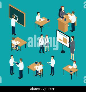 Set isometrico di insegnanti e studenti con tavole e mobili immagine vettoriale isolata su sfondo verde Illustrazione Vettoriale