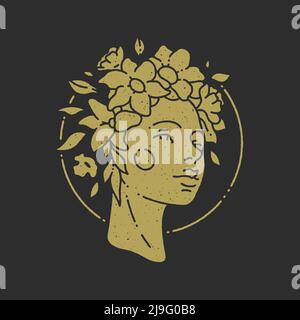 Testa antica donna in fiore corona elegante botanica decorativo design grunge texture vettoriale illustrazione. Ritratto avatar femminile in cerchio d'oro fr Illustrazione Vettoriale