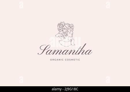 Elegante donna medievale busto romantico acconciatura con mani vicino bocca minimalista linea arte silhouette logo illustrazione vettoriale. Piuttosto antica fa femmina Illustrazione Vettoriale