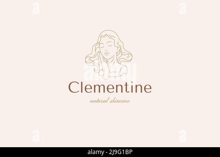 Elegante femmina medievale busto ricurly acconciatura monocromatico decorativo linea logo illustrazione vettoriale. Romantica donna antico monumento naturale bellezza Illustrazione Vettoriale