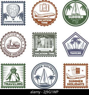 Francobolli estivi d'epoca impostati con velivolo aerostatico autobus scooter tropicale spiaggia bagagli viaggiatore isolato vettore illustrazione Illustrazione Vettoriale