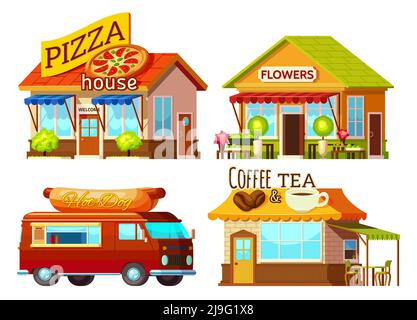 Facciata del ristorante in stile Cartoon Street e camion con cibo segni e tappeti di diversi colori vettoriali Illustrazione Vettoriale