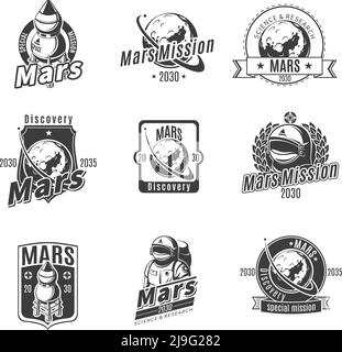 Etichette di ricerca vintage monocromatiche Marte con iscrizioni razzi pianeta e astronauta isolato vettore illustrazione Illustrazione Vettoriale