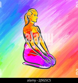 Colorato Vajrasana Thunderbolt Yoga posa. Disegno a mano vettoriale art. Disposizione centrata per scopi di stampa e web. Illustrazione Vettoriale