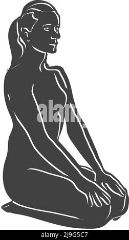 Nero Vajrasana Thunderbolt Yoga posa contorno icona. Illustrazione vettoriale fatta a mano. Linee bianche isolate sulla forma nera. Illustrazione Vettoriale