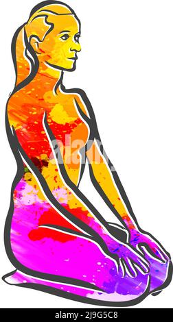 Logo Vajrasana Yoga colorato. Illustrazione vettoriale fatta a mano. Perfetto per il marketing e le stampe di siti Web. Illustrazione Vettoriale