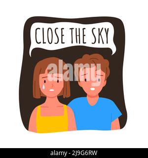 Piangendo i bambini in giallo blu nazionale ucraino vestiti chiedere di chiudere il cielo, salvare l'Ucraina Illustrazione Vettoriale