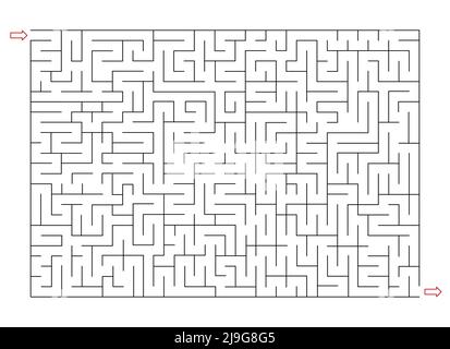 Labirinto rettangolare con entrata ed uscita. Gioco di labirinto linea. Hard - complessità media. Puzzle labirinto bambini, illustrazione vettoriale Illustrazione Vettoriale