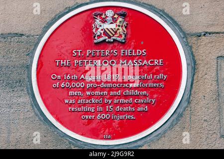 Peterloo Massacre targa rossa, Manchester Foto Stock