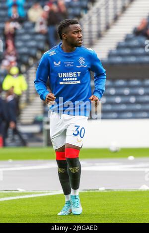 FASHION SAKALA, che gioca per il Rangers Football Club, in una sessione di allenamento prima che la Scottish Cup si disputi ad Hampden Park, Glasgow, Scozia Foto Stock