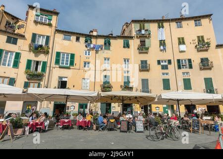 Persone in ristoranti e caffè in Piazza dell'Anfiteatro nel centro storico di Lucca, Toscana Foto Stock