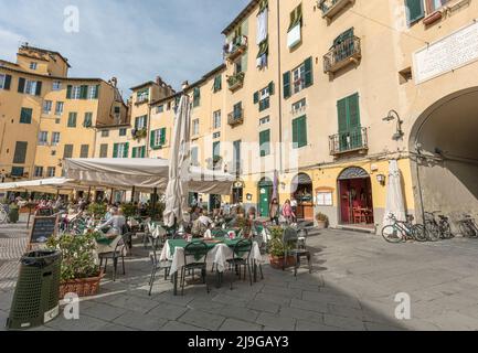 Persone in ristoranti e caffè in Piazza dell'Anfiteatro nel centro storico di Lucca, Toscana Foto Stock