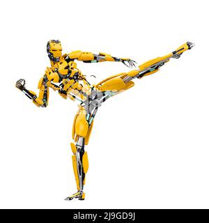 master cyber robot sta calciando, 3d illustrazione Foto Stock