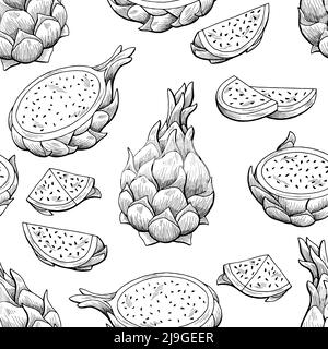 Pitaya drago frutta grafica bianco nero senza giunture motivo sfondo disegno vettore Illustrazione Vettoriale