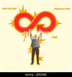 Collage d'arte contemporanea. Uomo che tiene simbolo gigante di freccia economia circolare. Produzione, riciclaggio delle risorse Foto Stock