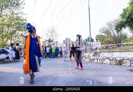 Anandpur Sahib, India - Marzo 2022: Ritratto di sikh maschio (Nihang Sardar) durante la celebrazione di Hola Mohalla ad Anandpur Sahib in festa holi. Foto Stock