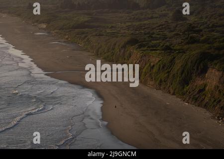 Gente minuscola nel mondo grande con la piccola persona non identificabile che cammina su grande tratto di spiaggia bella Foto Stock
