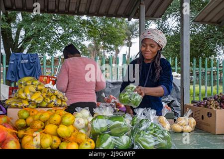 Donna nera che vende frutta e verdura al mercato alimentare nella città Piet Retief / Mkhondo, Gert Sibande, provincia di Mpumalanga, Sudafrica Foto Stock