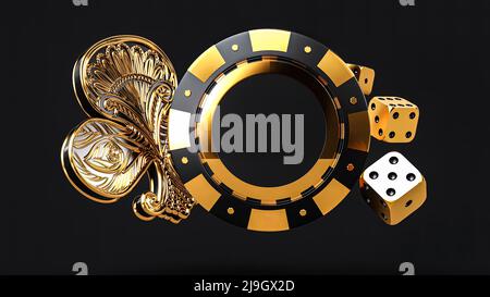 Poker chip, ricamo tradizionale giocare carte simboli, poker chip, dadi e asso. Concetto di gioco del casinò, app mobile per giocare a carte. Foto Stock