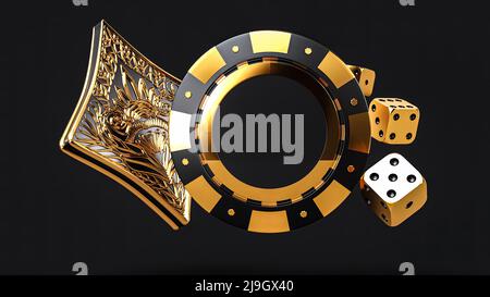 Poker chip, ricamo tradizionale giocare carte simboli, poker chip, dadi e asso. Concetto di gioco del casinò, app mobile per giocare a carte. Foto Stock