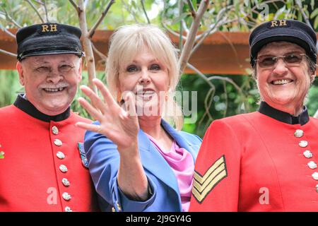 Chelsea, Londra, Regno Unito. 23rd maggio 2022. L'attrice Joanna Lumley (al centro) si pone con i pensionati del Chelsea John Gallagher e Monica Parrott nelle loro uniformi rosse nel giardino di rigenerazione del negozio del corpo al giorno della stampa di esposizione dei fiori del Chelsea. Credit: Imagplotter/Alamy Live News Foto Stock