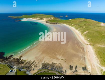 Vista aerea della spiaggia a Balnakeil Bay a Durness sulla rotta North Coast 500, Sutherland, Scottish Highlands, Scozia Foto Stock