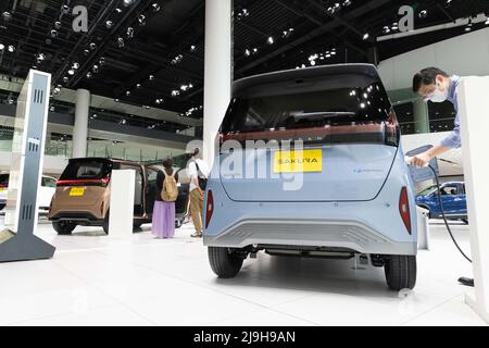 I visitatori possono dare un'occhiata più da vicino alla nuova Nissan Sakura (auto ev Kei a emissioni zero), in mostra presso la Nissan Gallery di Yokohama, Kanagawa. Il 20 maggio 2022 il costruttore di automobili Nissan ha presentato un nuovo modello di auto EV kei in esclusiva per il mercato giapponese. Ora in mostra alla Nissan Gallery all'interno della loro sede centrale globale a Yokohama, Kanagawa. Il nuovo Nissan Sakura (che prende il nome dal famoso ciliegio giapponese) è un veicolo completamente elettrico con emissioni zero. È stato co-sviluppato con Mitsubishi Motors. (Foto di Stanislav Koggiku/SOPA Images/Sipa USA) Foto Stock