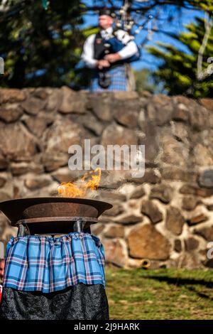 Il piper di Lone suona le cornamuse sopra la fiamma dell'amicizia alle pietre di standing, festival celtico di Glen Innes NSW Australia Foto Stock