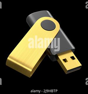Unità flash USB portatile per un'area di lavoro isolata su sfondo nero Foto Stock