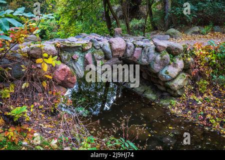 Polonia, Voivodato Masoviano, Varsavia, piccolo ponte ad arco in pietra nel Parco Skaryszew Foto Stock
