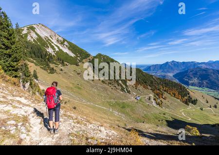 Germania, Baviera, escursionista femmina ammirando la vista sulla strada per il monte Geigelstein Foto Stock