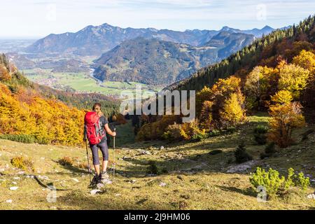 Germania, Baviera, escursionista femmina ammirando la vista sulla strada per il monte Geigelstein Foto Stock