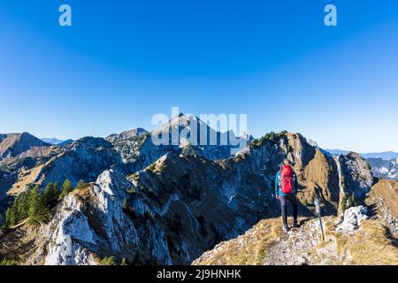 Germania, Baviera, escursionista femminile ammirando la vista dalla cima del monte Hasentalkopf Foto Stock