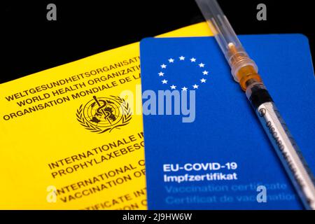 Certificato di vaccinazione internazionale OMS con tessera di vaccinazione europea Foto Stock