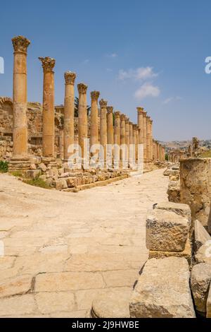 La vista lungo Cardo Maximus nelle rovine romane di Jerash Foto Stock