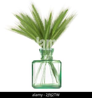 Spighe di grano in vetro, vaso verde su sfondo bianco, spazio di copia. Isolato. Foto Stock