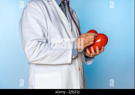 medico irriconoscibile che si auscultava un cuore rosso di polyspan Foto Stock