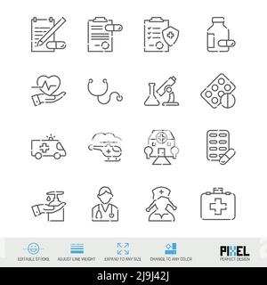 Icona della linea vettoriale correlata a farmaci e medicinali isolata in bianco. Design pixel Perfect. Tratto modificabile. Regolare lo spessore della linea. Espandere a qualsiasi dimensione. Chan Illustrazione Vettoriale