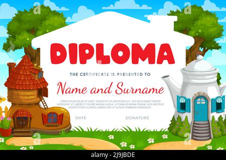 Diploma per bambini. Stivale Cartoon e casa teiera o abitazione. Diploma di istruzione, invito alla celebrazione dei bambini dell'asilo, conseguimento di istruzione o certificato vettoriale di laurea o con case fantasy Illustrazione Vettoriale