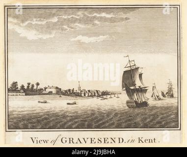 Vista di Gravesend sul Tamigi in Kent, 1784. Due navi Royal Naval a tre alberi che navigano sul Tamigi di fronte alla chiesa di San Giorgio e al molo di Gravesend. Incisione su copperplate dalla storia nuova, completa e universale della città di Londra di William Thornton, Alexander Hogg, King's Arms, No. 16 Paternoster Row, Londra, 1784. Foto Stock