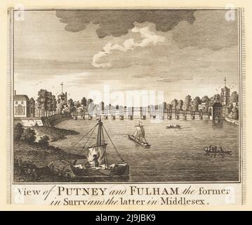 Vista del ponte Putney sul Tamigi, Londra, 1784. Ponte a pedaggio in legno costruito da Thomas Philips nel 1729, progettato da Sir Jacob Acworth, demolito nel 1870. St Mary's Church sul sud e All Saints Church sul nord. Vista di Putney, Surrey e Fulham, Middlesex. Incisione su copperplate dalla storia nuova, completa e universale della città di Londra di William Thornton, Alexander Hogg, King's Arms, No. 16 Paternoster Row, Londra, 1784. Foto Stock