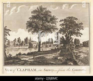 Vista di Clapham in Surrey da Clapham Common, Londra, 1784. Mostrando il Long Pond, la Chiesa della Santissima Trinità nel villaggio, bestiame al pascolo sul comune, alberi e siepi. Incisione copperplate di Henry Roberts da New History and Survey of London di William Thornton, pubblicata da Alexander Hogg at the King’s Arms, 16 Paternoster Row, Londra, 1784. Foto Stock