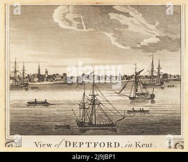 Vista di Deptford sulla riva sud del Tamigi, Kent, 1784. La cantieristica navale con molti grandi scafi in legno, torri di chiesa tra cui la chiesa di San Nicola, barche a vela, chiatte e traghetti sul fiume. Copperplate ngraving di John Taylor dalla New History and Survey of London di William Thornton, pubblicata da Alexander Hogg at the King’s Arms, 16 Paternoster Row, Londra, 1784. Foto Stock